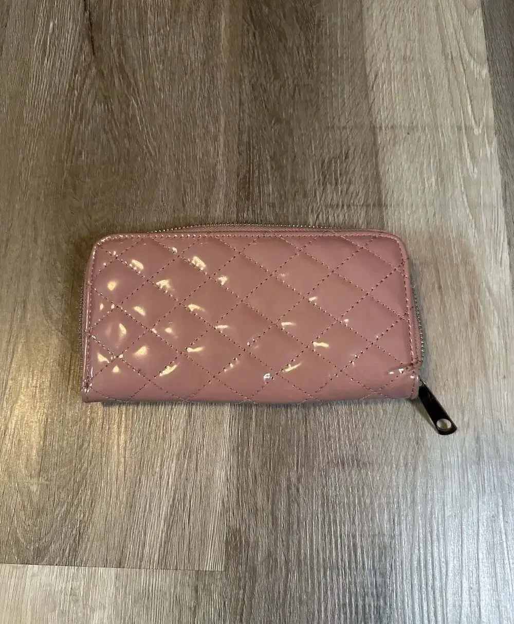 Quilted Patent Faux Leather Zip-Around Long Wallet in Dusty Pink
